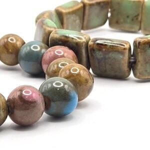 Pair of Hand-Crafted Chunky‎ Earthtone Ceramic Beaded Stretch Bracelets
